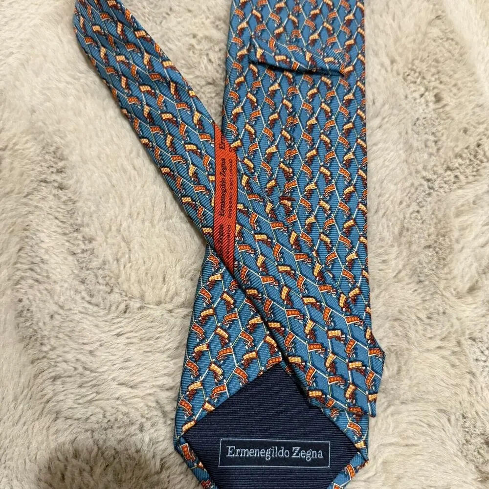 Ermenegildo Zegna Made in Italy Silk‎ Tie Blue with Polo Mallet Pattern Designer
